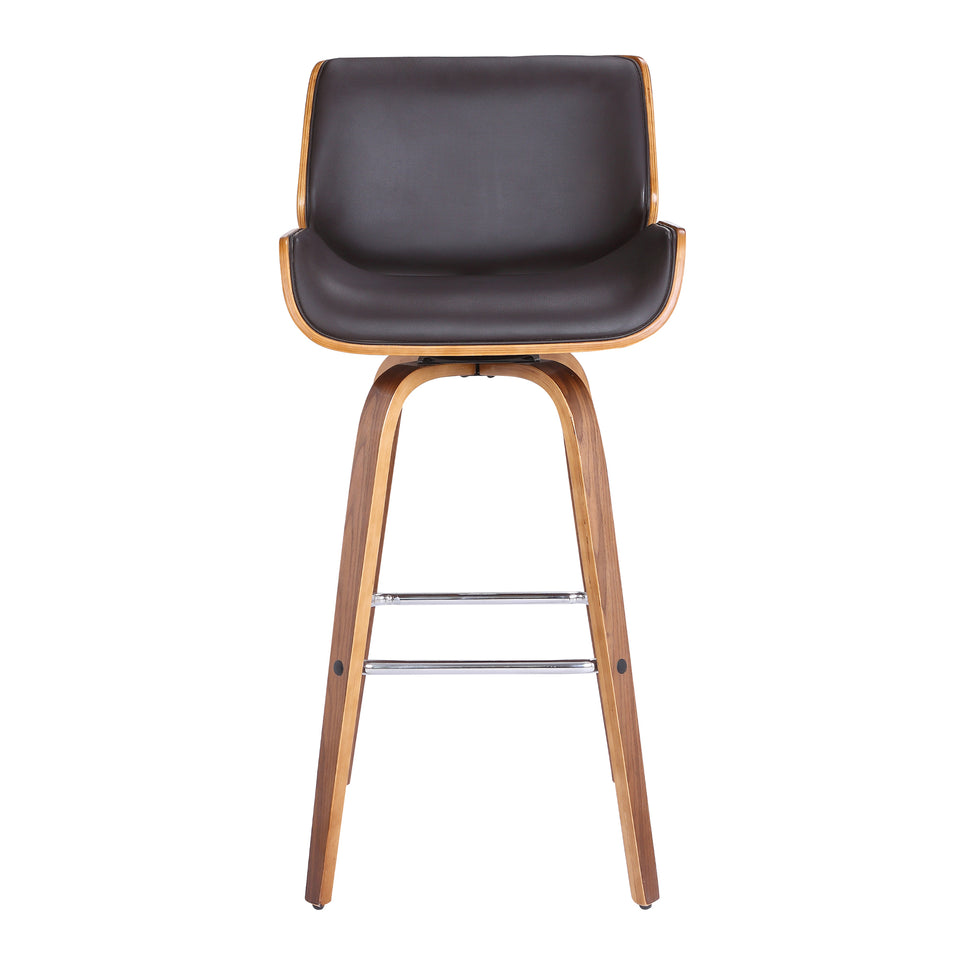 Tyler 26" Mid-Century Swivel Counter Height Barstool in Brown Faux Leather with Walnut Veneer