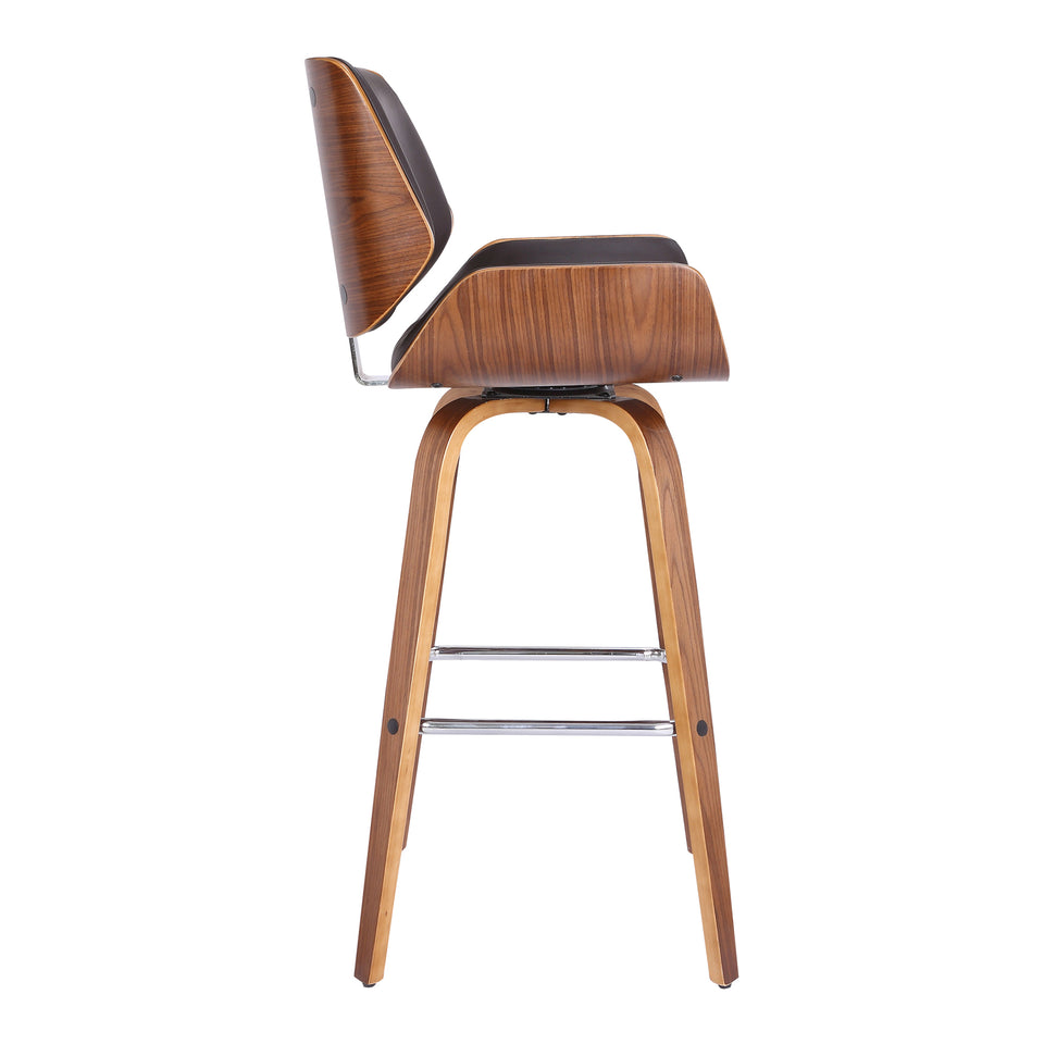 Tyler 26" Mid-Century Swivel Counter Height Barstool in Brown Faux Leather with Walnut Veneer