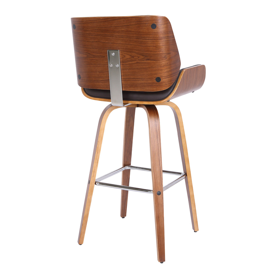 Tyler 26" Mid-Century Swivel Counter Height Barstool in Brown Faux Leather with Walnut Veneer