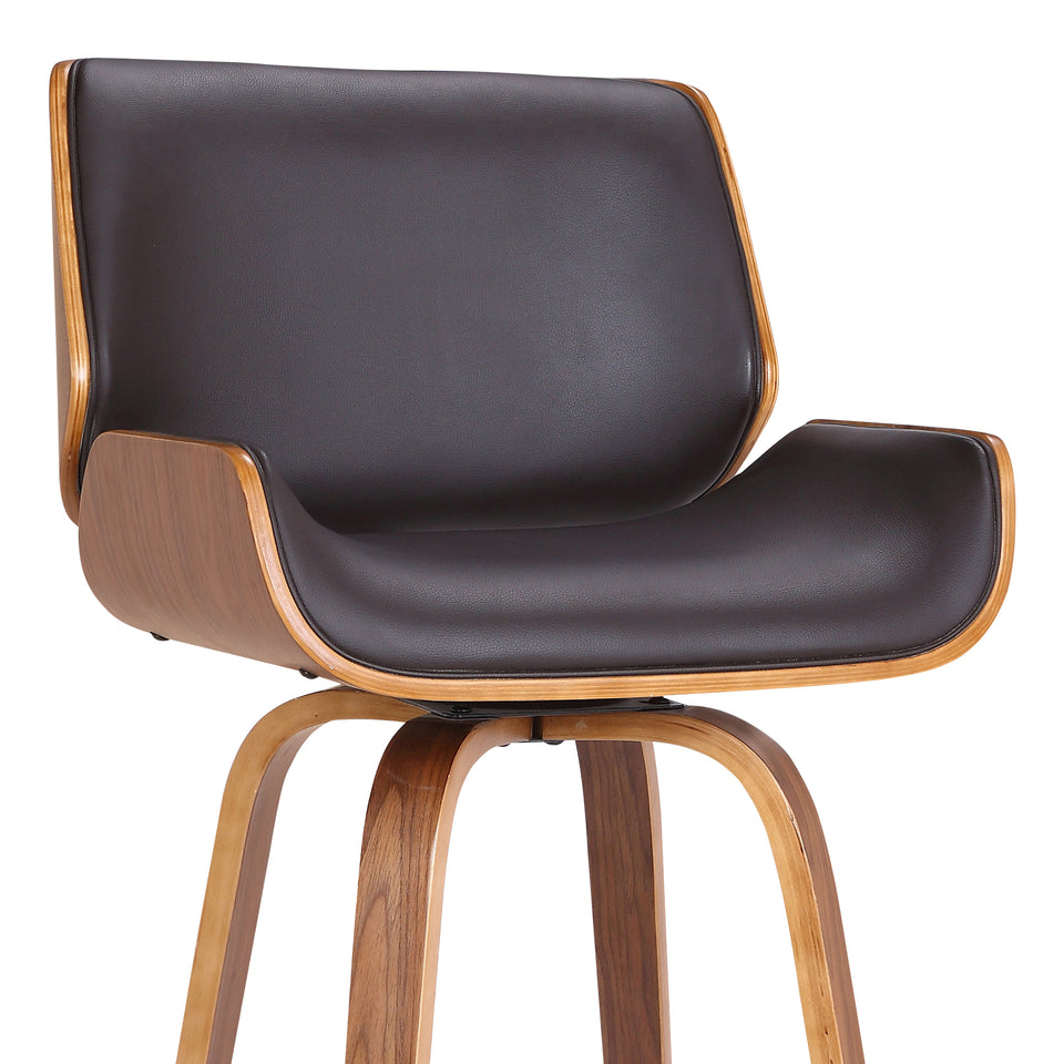 Tyler 26" Mid-Century Swivel Counter Height Barstool in Brown Faux Leather with Walnut Veneer