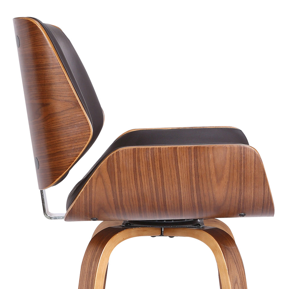 Tyler 26" Mid-Century Swivel Counter Height Barstool in Brown Faux Leather with Walnut Veneer