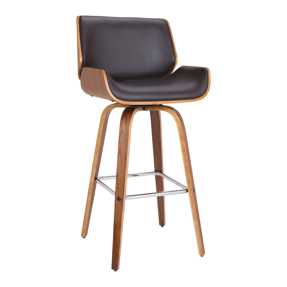 Tyler 26" Mid-Century Swivel Counter Height Barstool in Brown Faux Leather with Walnut Veneer