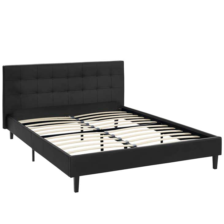 LINNEA QUEEN VINYL BED IN BLACK.