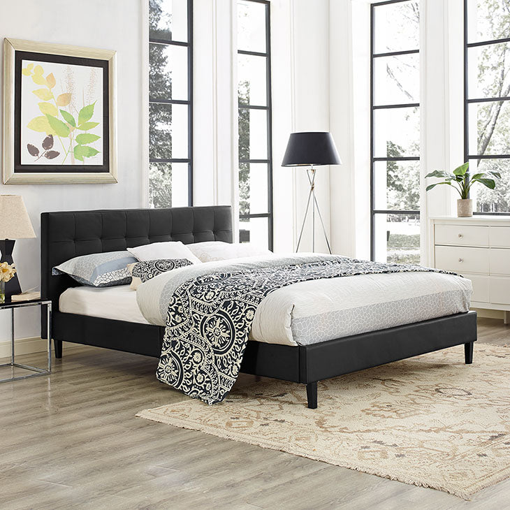 LINNEA QUEEN VINYL BED IN BLACK.