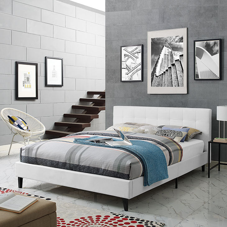 LINNEA QUEEN VINYL BED IN WHITE.