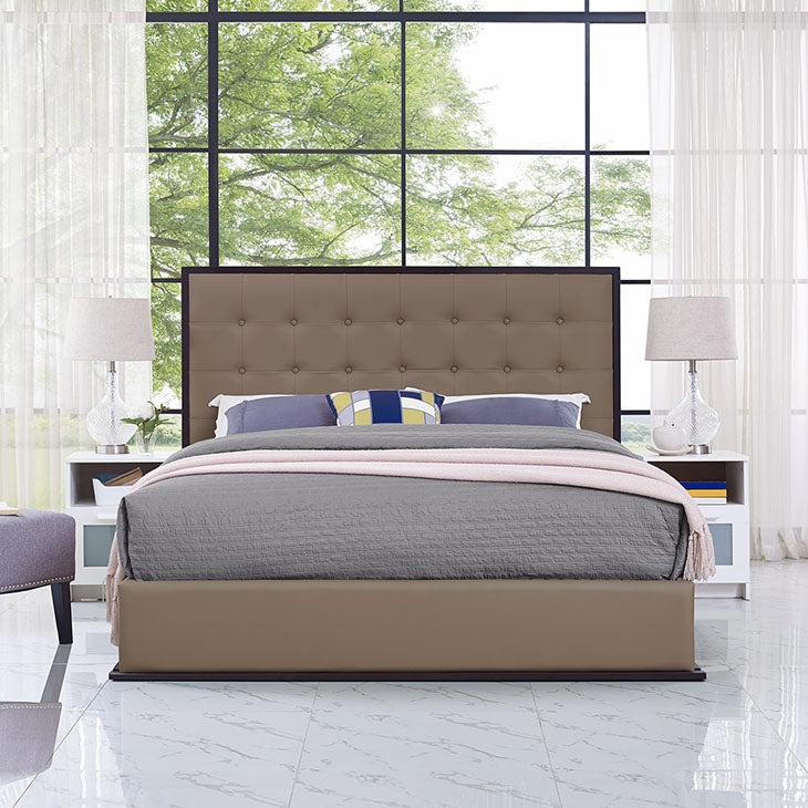 MADELINE QUEEN VINYL BED FRAME IN CAPPUCCINO.