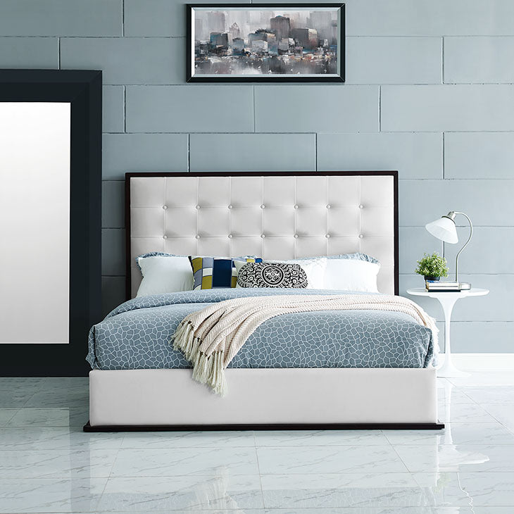 MADELINE QUEEN VINYL BED FRAME IN CAPPUCCINO.