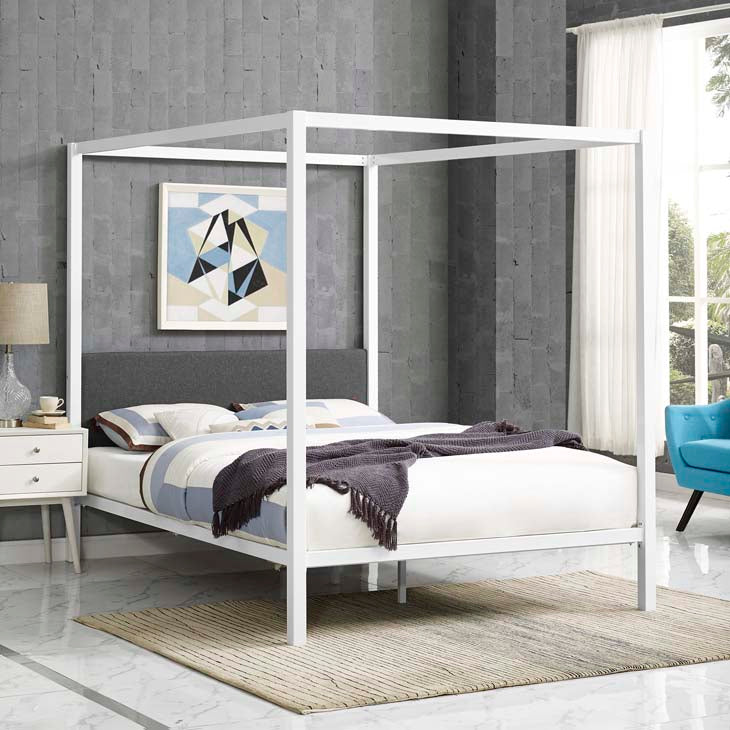 RAINA QUEEN CANOPY BED FRAME IN BROWN GRAY.