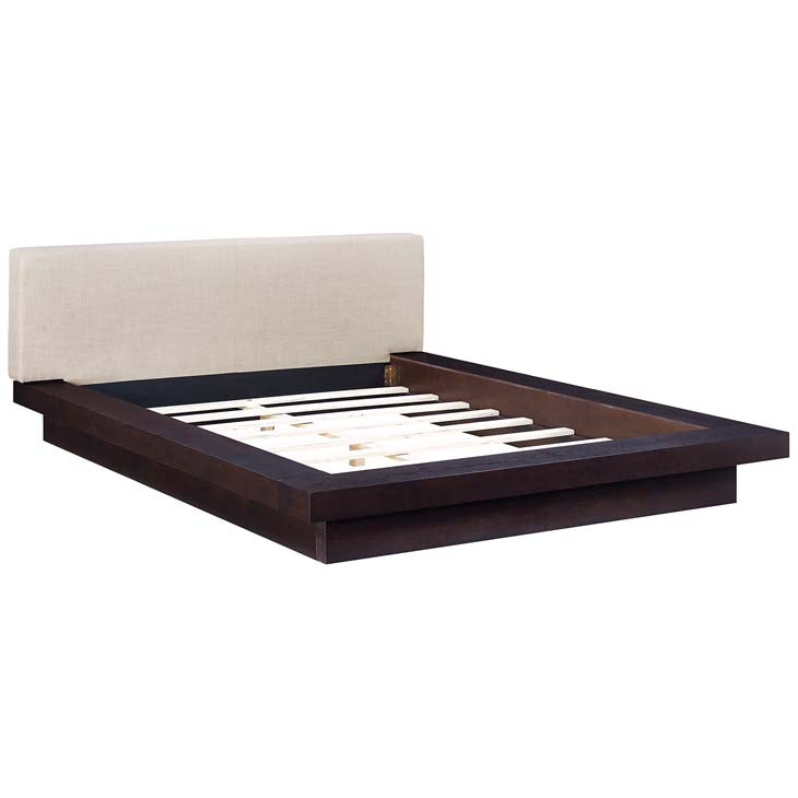 FREJA QUEEN FABRIC PLATFORM BED IN CAPPUCCINO.