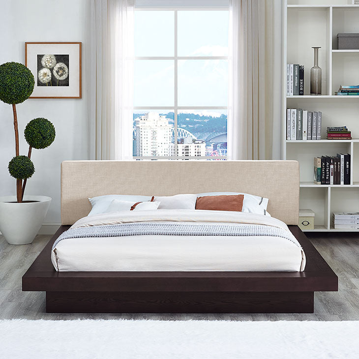 FREJA QUEEN FABRIC PLATFORM BED IN CAPPUCCINO.