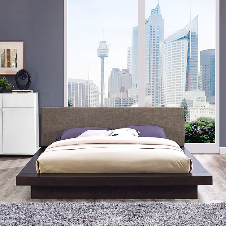 FREJA QUEEN FABRIC PLATFORM BED IN CAPPUCCINO.