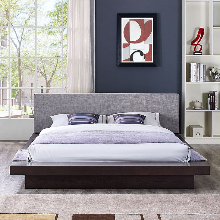 FREJA QUEEN FABRIC PLATFORM BED IN CAPPUCCINO.