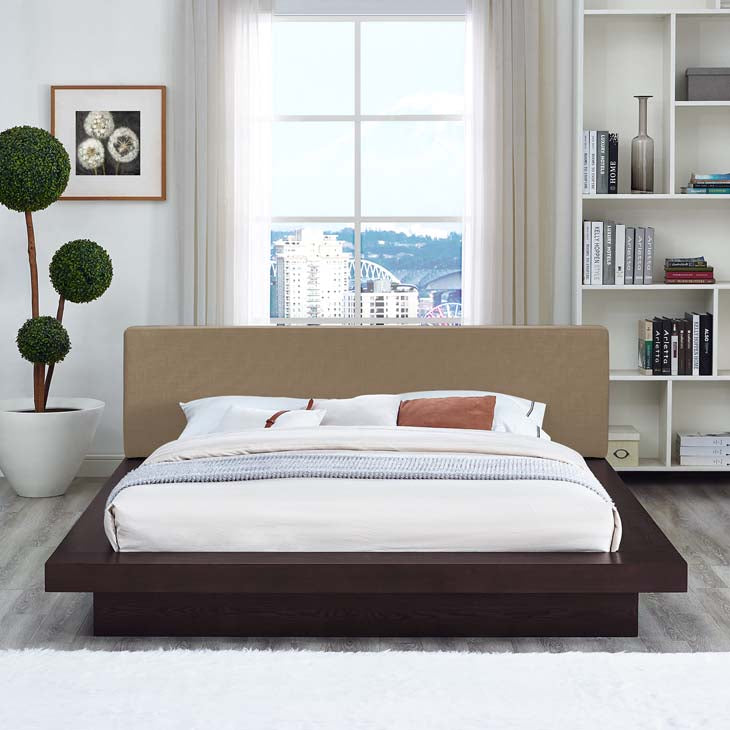 FREJA QUEEN FABRIC PLATFORM BED IN CAPPUCCINO.