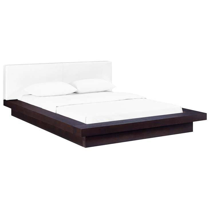 FREJA QUEEN VINYL PLATFORM BED IN CAPPUCCINO WHITE.