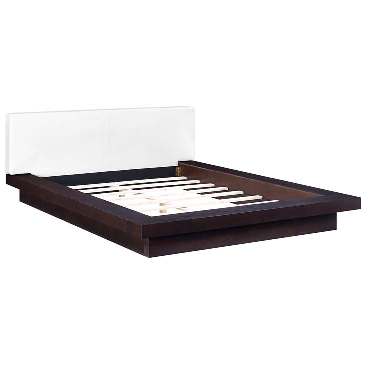 FREJA QUEEN VINYL PLATFORM BED IN CAPPUCCINO WHITE.