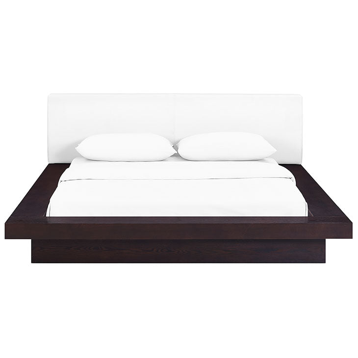 FREJA QUEEN VINYL PLATFORM BED IN CAPPUCCINO WHITE.