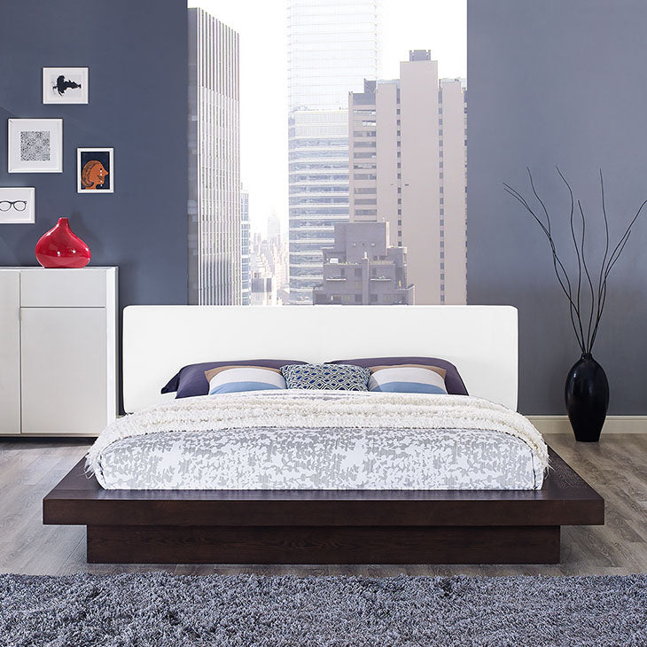 FREJA QUEEN VINYL PLATFORM BED IN CAPPUCCINO WHITE.
