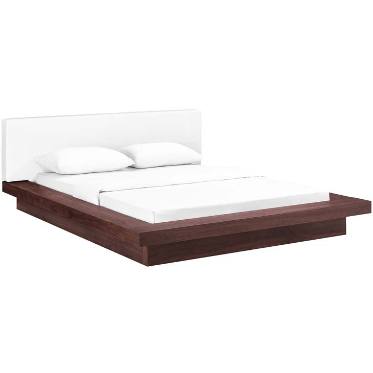 FREJA QUEEN VINYL PLATFORM BED IN WALNUT WHITE.