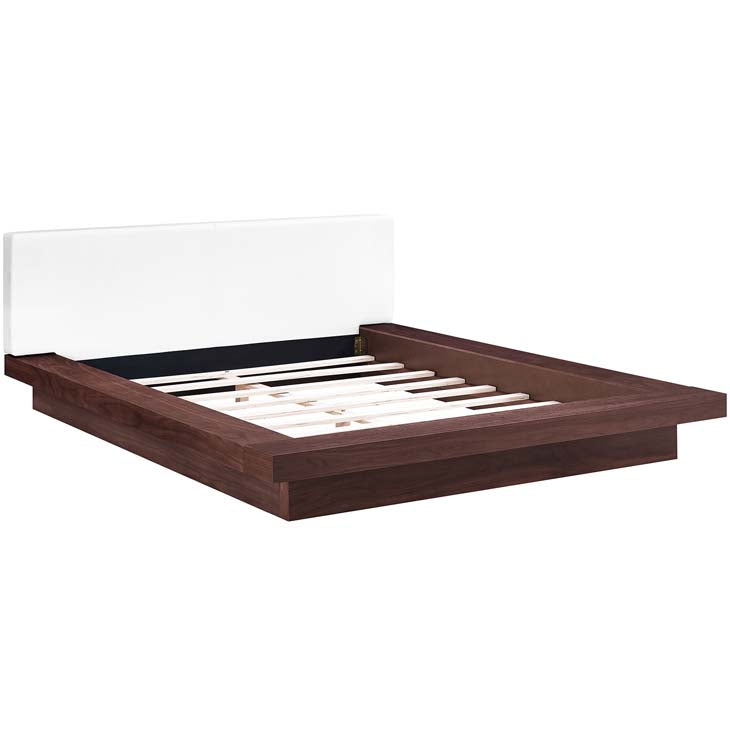 FREJA QUEEN VINYL PLATFORM BED IN WALNUT WHITE.