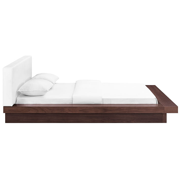 FREJA QUEEN VINYL PLATFORM BED IN WALNUT WHITE.