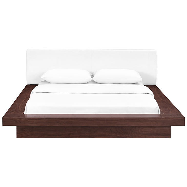 FREJA QUEEN VINYL PLATFORM BED IN WALNUT WHITE.