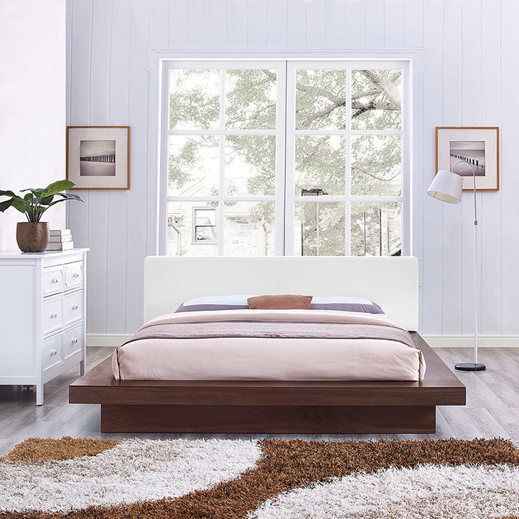 FREJA QUEEN VINYL PLATFORM BED IN WALNUT WHITE.