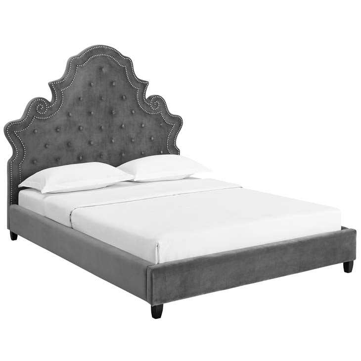 Valentina Queen Velvet Upholstered Platform Bed.