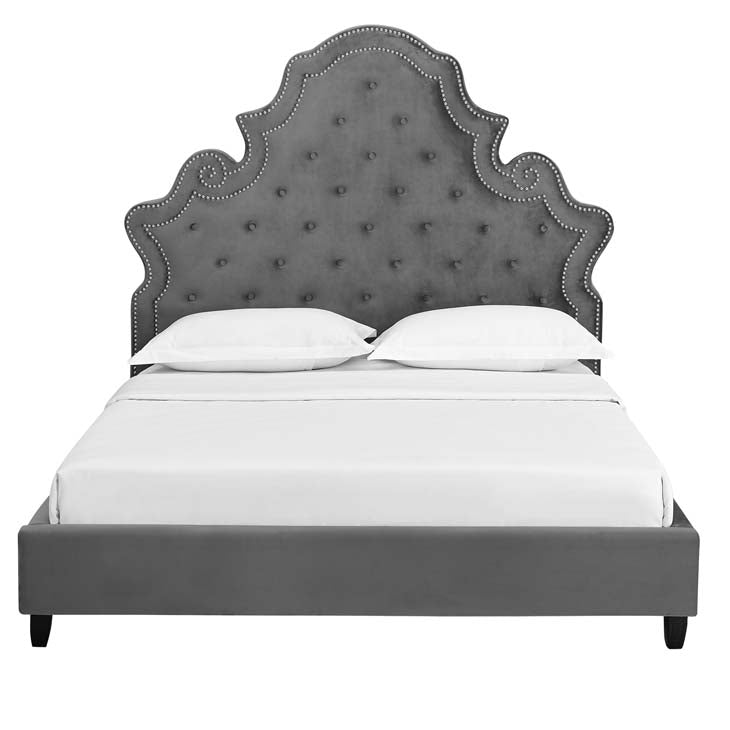Valentina Queen Velvet Upholstered Platform Bed.