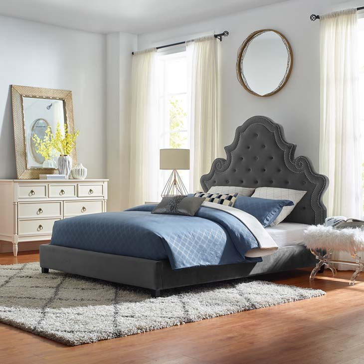 Valentina Queen Velvet Upholstered Platform Bed.