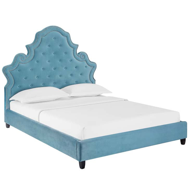 Valentina Queen Velvet Upholstered Platform Bed.
