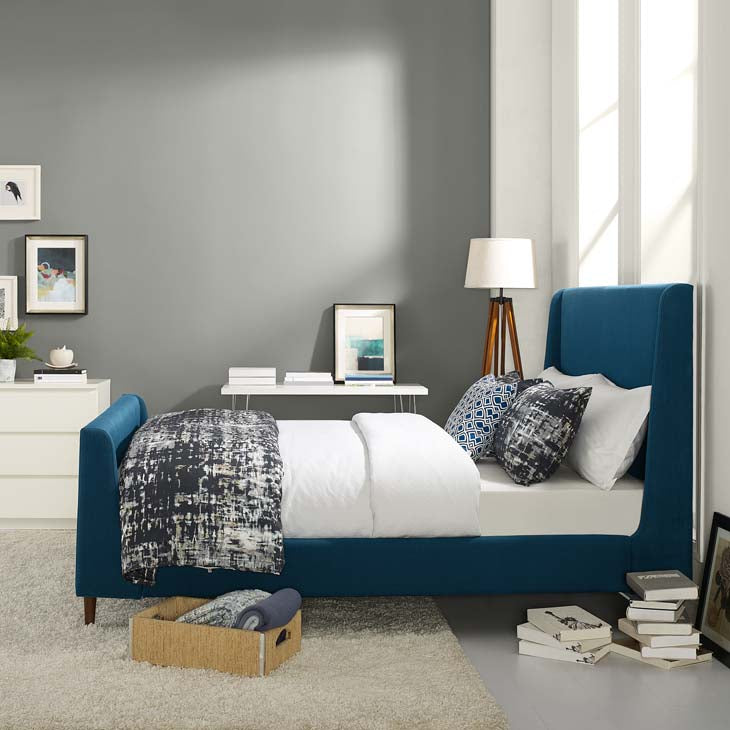 Aubree Queen Upholstered Fabric Sleigh Platform Bed.