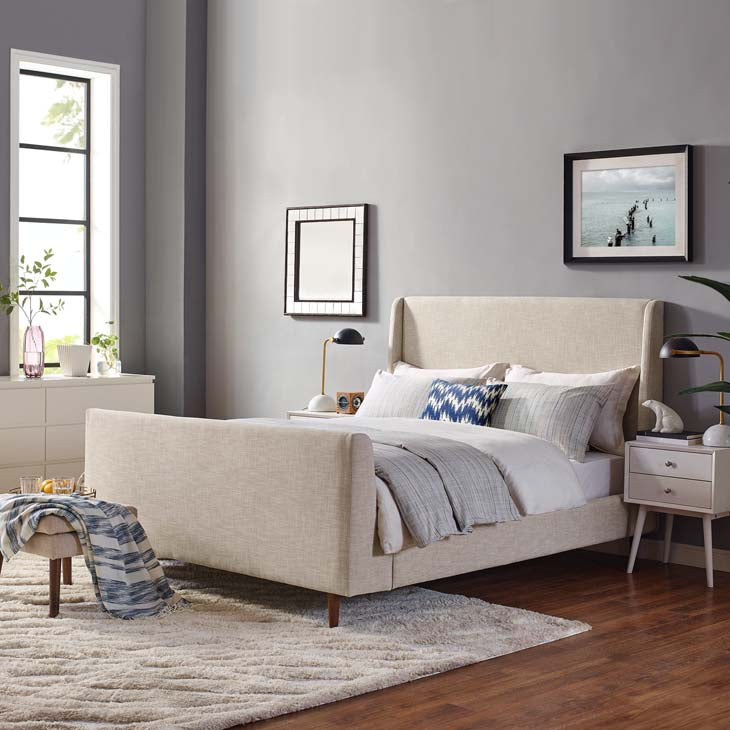 Aubree Queen Upholstered Fabric Sleigh Platform Bed.