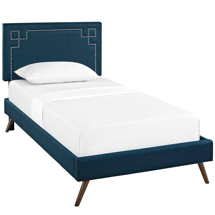 RUTHIE FABRIC PLATFORM BED WITH ROUND SPLAYED LEGS IN AZURE.