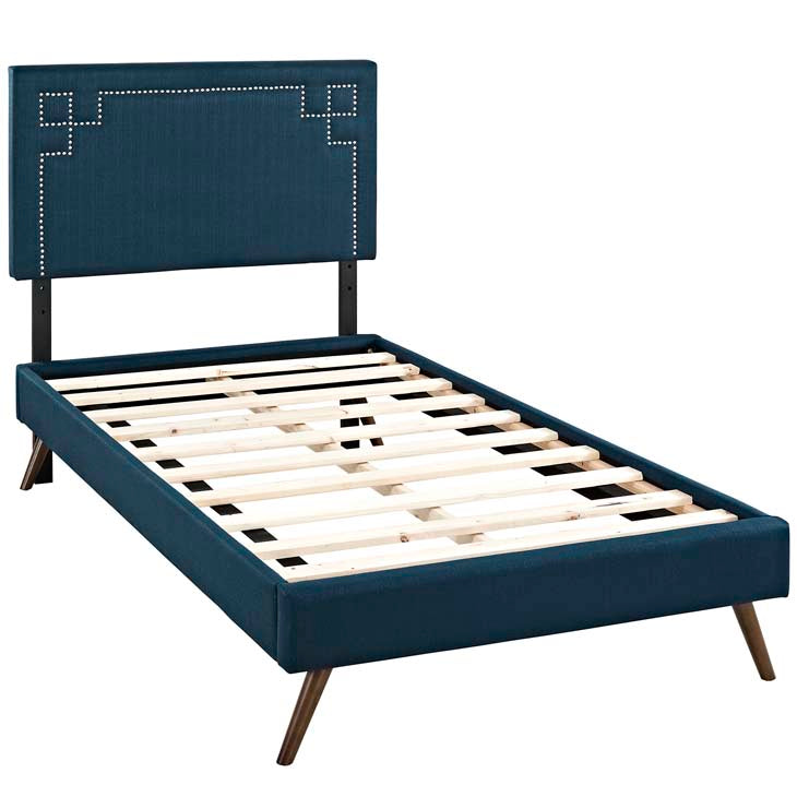 RUTHIE FABRIC PLATFORM BED WITH ROUND SPLAYED LEGS IN AZURE.