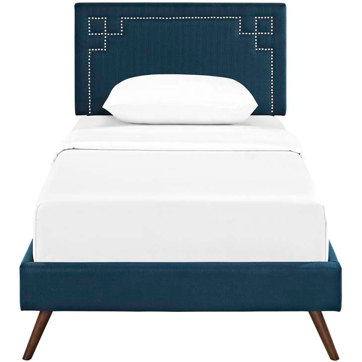 RUTHIE FABRIC PLATFORM BED WITH ROUND SPLAYED LEGS IN AZURE.