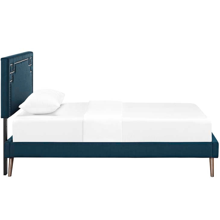 RUTHIE FABRIC PLATFORM BED WITH ROUND SPLAYED LEGS IN AZURE.