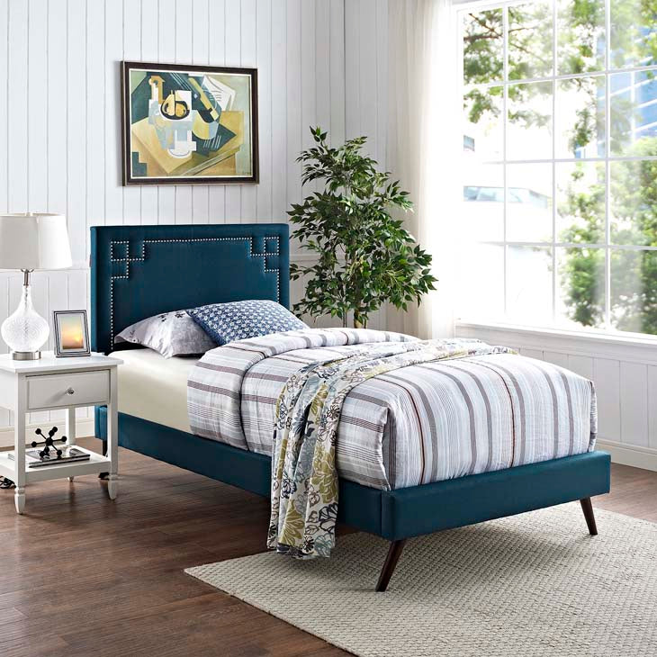 RUTHIE FABRIC PLATFORM BED WITH ROUND SPLAYED LEGS IN AZURE.