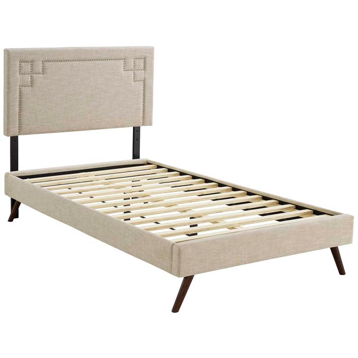 RUTHIE FABRIC PLATFORM BED WITH ROUND SPLAYED LEGS IN AZURE.