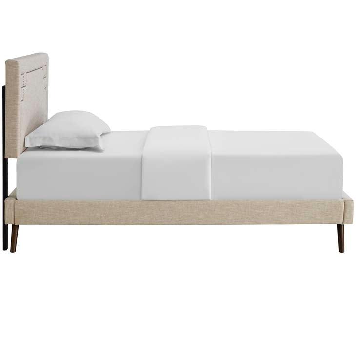 RUTHIE FABRIC PLATFORM BED WITH ROUND SPLAYED LEGS IN AZURE.