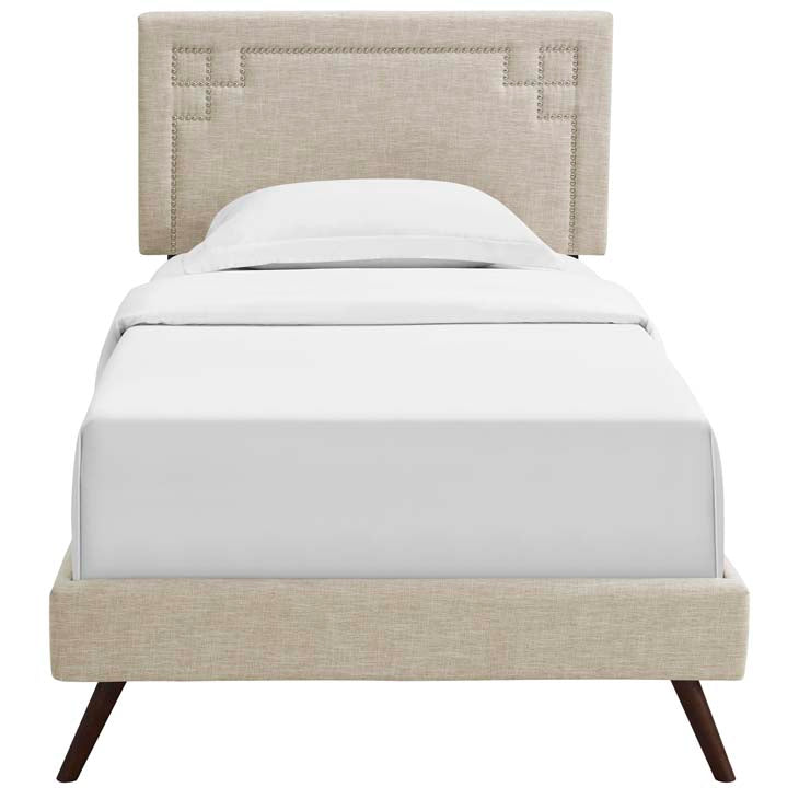 RUTHIE FABRIC PLATFORM BED WITH ROUND SPLAYED LEGS IN AZURE.