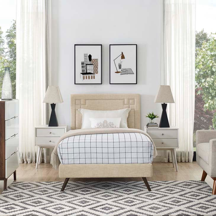 RUTHIE FABRIC PLATFORM BED WITH ROUND SPLAYED LEGS IN AZURE.