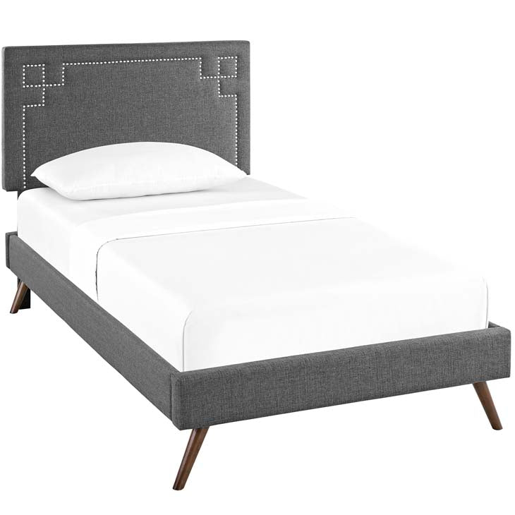 RUTHIE FABRIC PLATFORM BED WITH ROUND SPLAYED LEGS IN AZURE.
