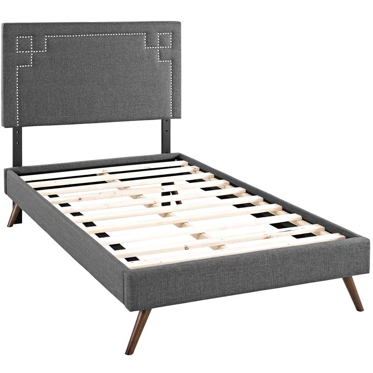 RUTHIE FABRIC PLATFORM BED WITH ROUND SPLAYED LEGS IN AZURE.