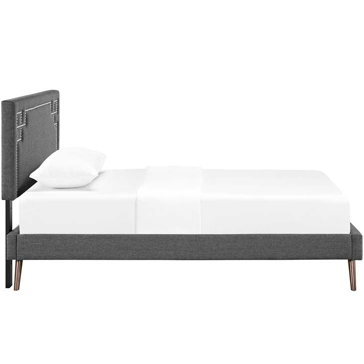 RUTHIE FABRIC PLATFORM BED WITH ROUND SPLAYED LEGS IN AZURE.