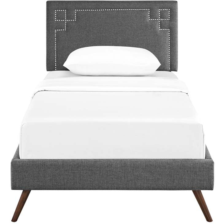 RUTHIE FABRIC PLATFORM BED WITH ROUND SPLAYED LEGS IN AZURE.