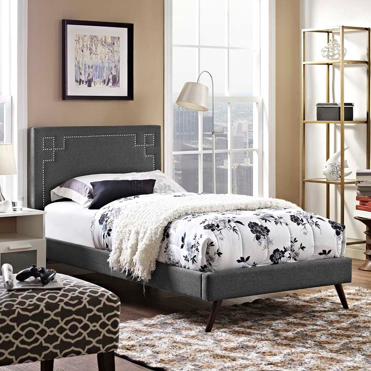 RUTHIE FABRIC PLATFORM BED WITH ROUND SPLAYED LEGS IN AZURE.
