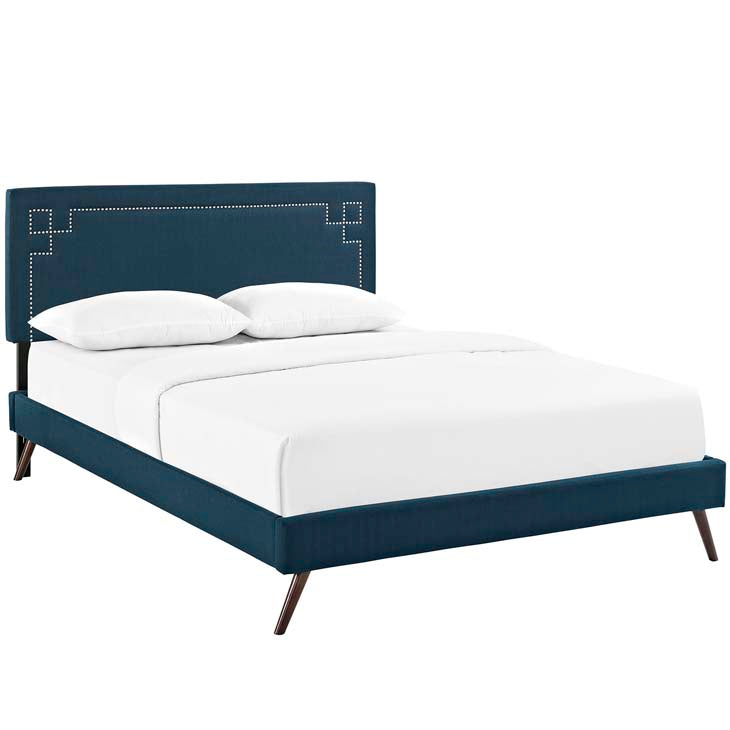 RUTHIE FABRIC PLATFORM BED WITH ROUND SPLAYED LEGS IN AZURE.
