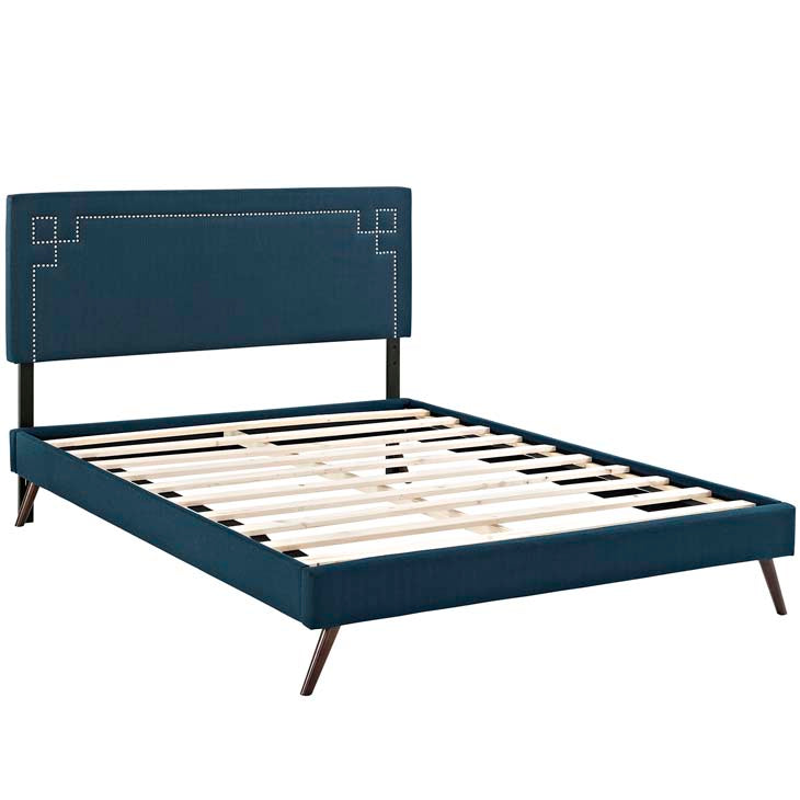 RUTHIE FABRIC PLATFORM BED WITH ROUND SPLAYED LEGS IN AZURE.