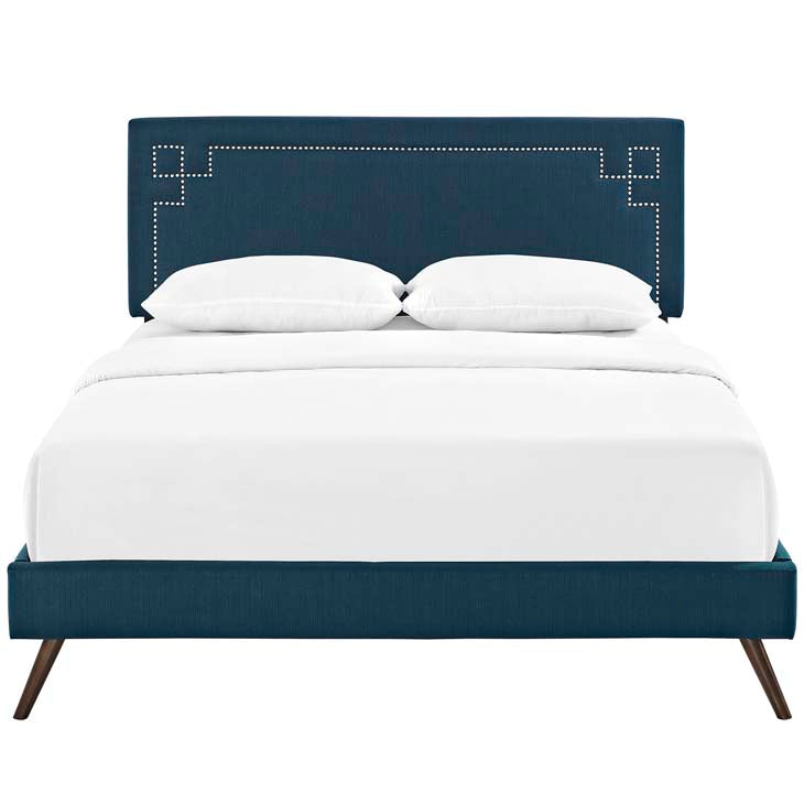 RUTHIE FABRIC PLATFORM BED WITH ROUND SPLAYED LEGS IN AZURE.