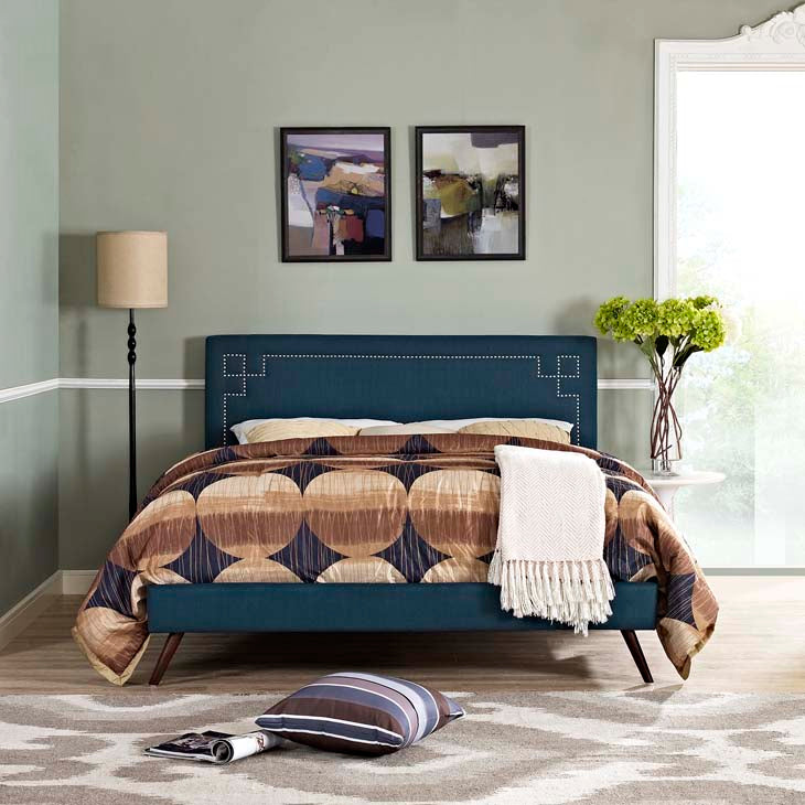 RUTHIE FABRIC PLATFORM BED WITH ROUND SPLAYED LEGS IN AZURE.